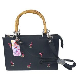 NWT Gigi Olivia Black Flamingo Embroidered Bag, Bamboo Handle Crossbody Strap